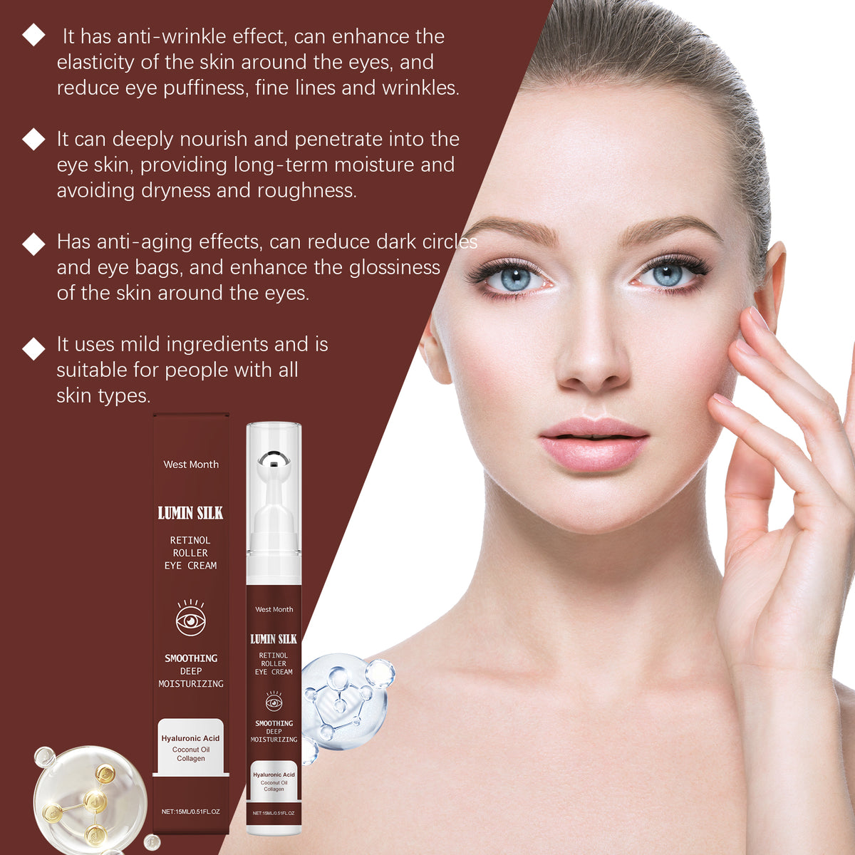 Retinol Firming Eye Cream with Hyaluronic Acid & Massage Roller Ball - Fine Line Care 15ml