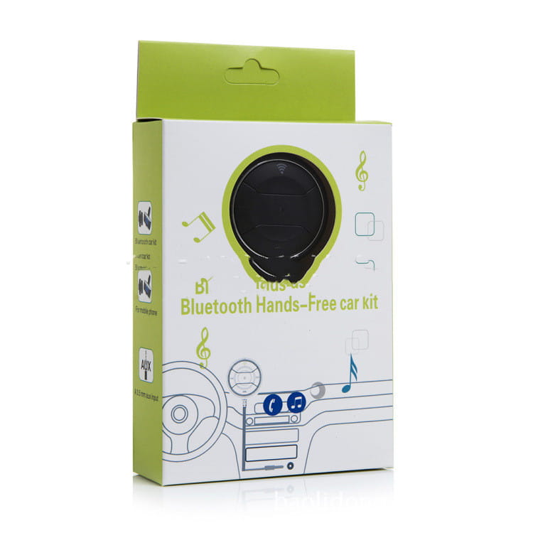 Black circular Bluetooth car hands free phone music player with dual USB in lime green and white packaging designed for long press operation and hands free phone use.