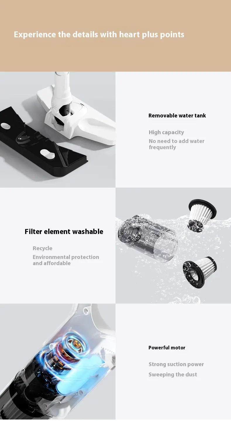 White wireless rechargeable vacuum cleaner featuring a removable water tank and washable filter element for efficient cleaning.