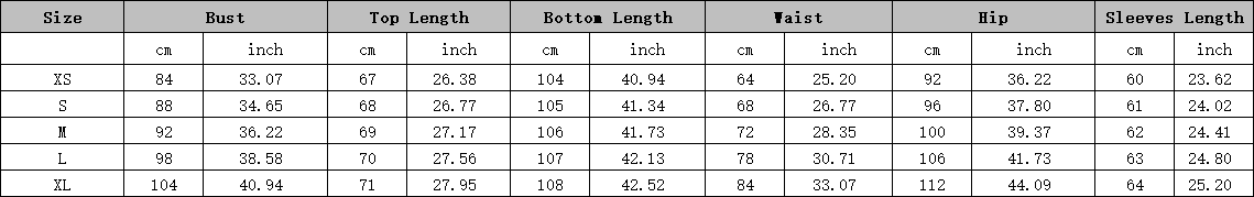 The table displays a size chart for the solid color single-breasted blazer and pants set listing measurements in centimeters and inches for sizes xs through xl.