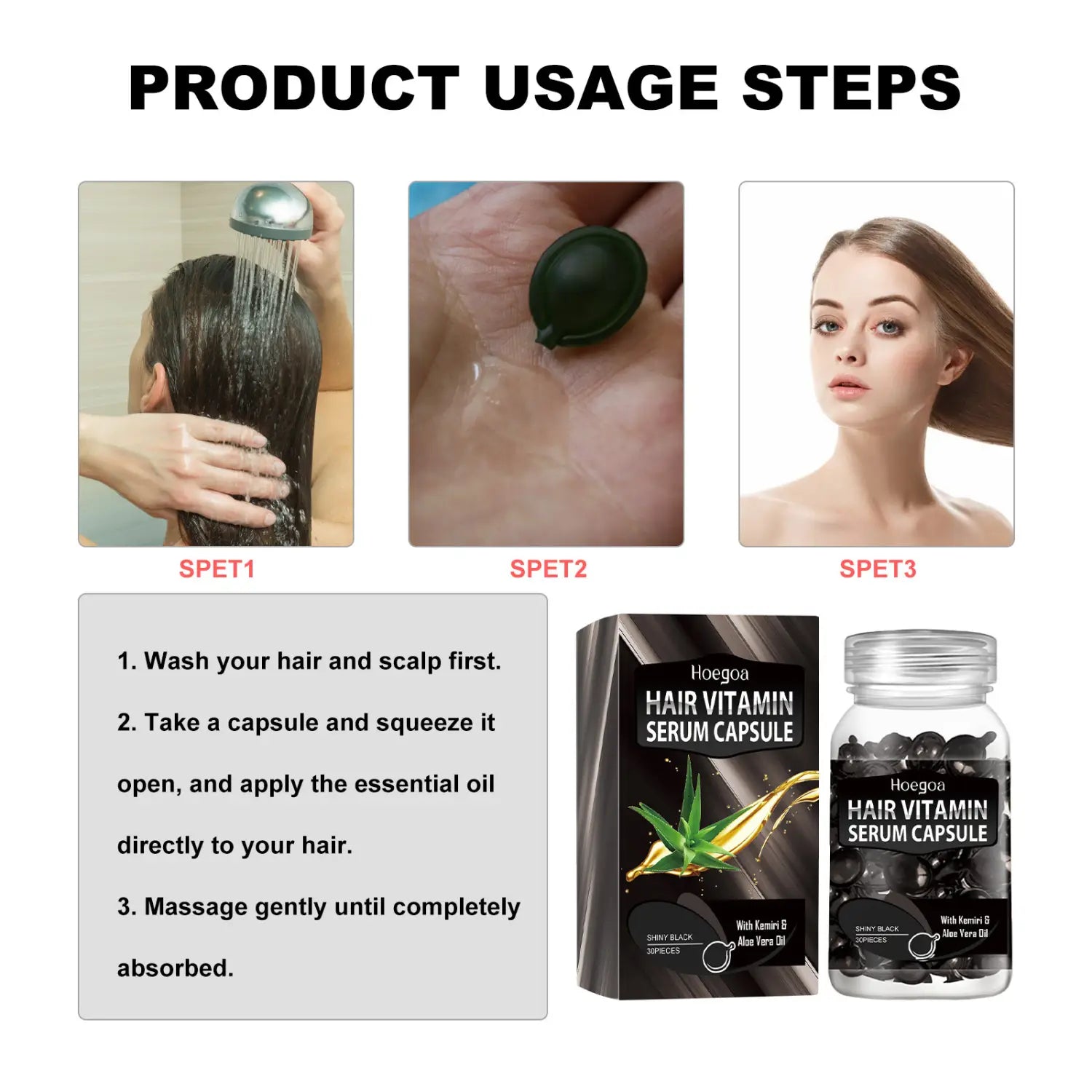 Black hoegoa hair care black capsule vitamin serum bottle with clear lid and dark contents for hair care use.