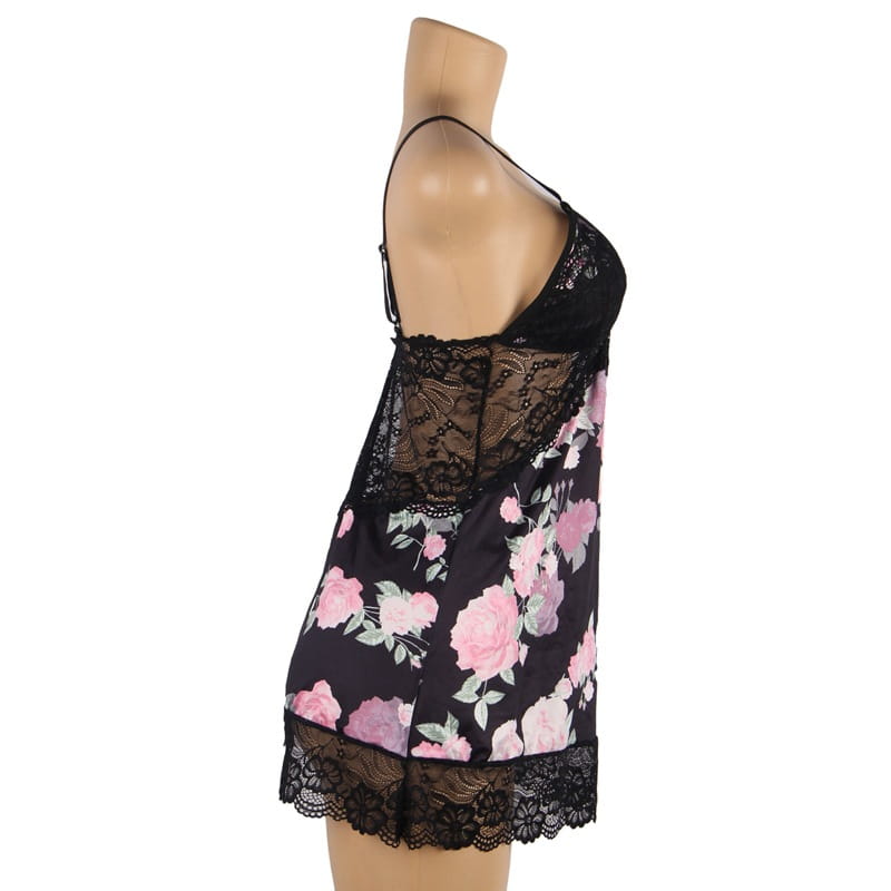 plus size embroidery patchwork lace black floral nightgown featuring pink and white rose print with lace trim at neckline waist and hem for comfortable sleeping dress
