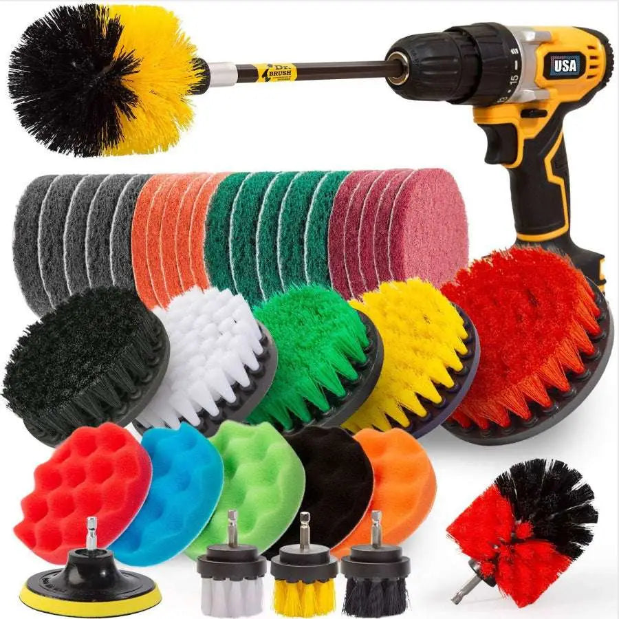 Yellow and black usa cordless drill with brush attachment from 37 piece drill brush cleaning combo set for deep cleaning tasks