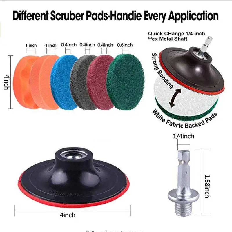 Set of colorful circular scrubber pads with fabric backing and rubber rims in a 37 piece drill brush cleaning combo set