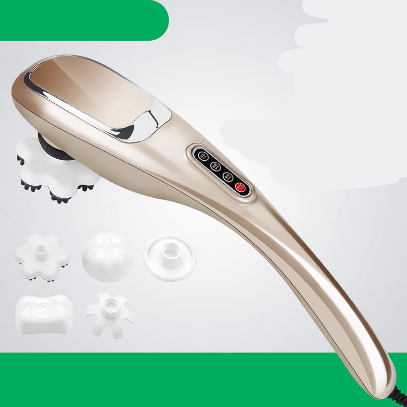 gold electric cervical massage stick with a gold-colored handheld ergonomic design and multiple white interchangeable massage heads for electric cervical massage.