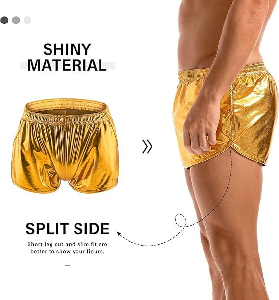 Shiny gold metallic mens loose casual shorts featuring a split side design for a loose casual trendy look