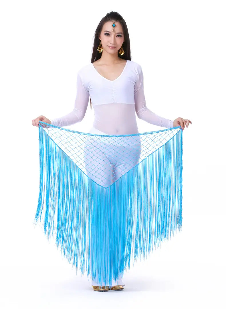 A vibrant turquoise argentina style triangular binder shawl hip scarf featuring a mesh top and long flowing tassels.