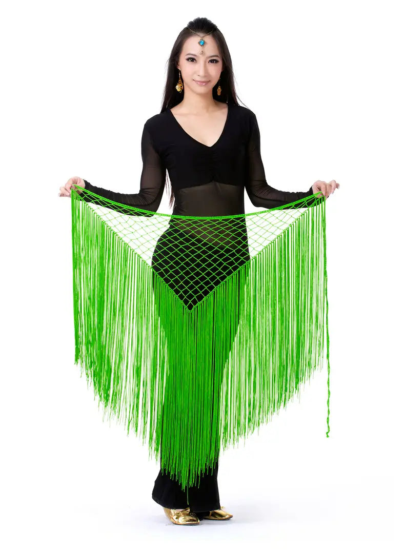 Argentina style triangular binder shawl hip scarf featuring a vibrant neon green fringe dance shawl with a mesh top and long flowing tassels.