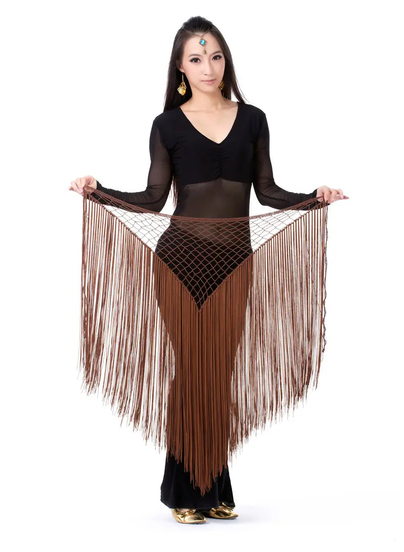 brown fringe dance scarf with mesh panel and white triangular accent designed as argentina style triangular binder shawl hip scarf