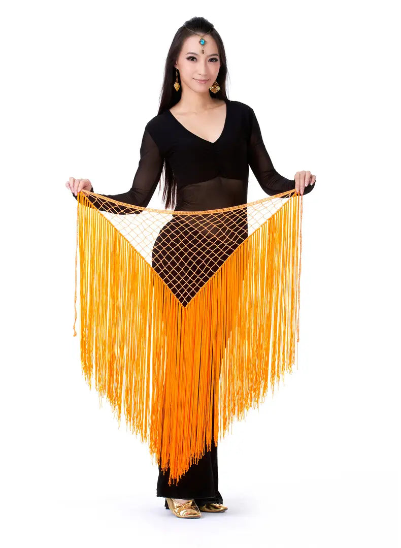 Vibrant orange argentina style triangular binder shawl with geometric pattern, fringe detailing, and mesh panel for dance or hip scarf use.
