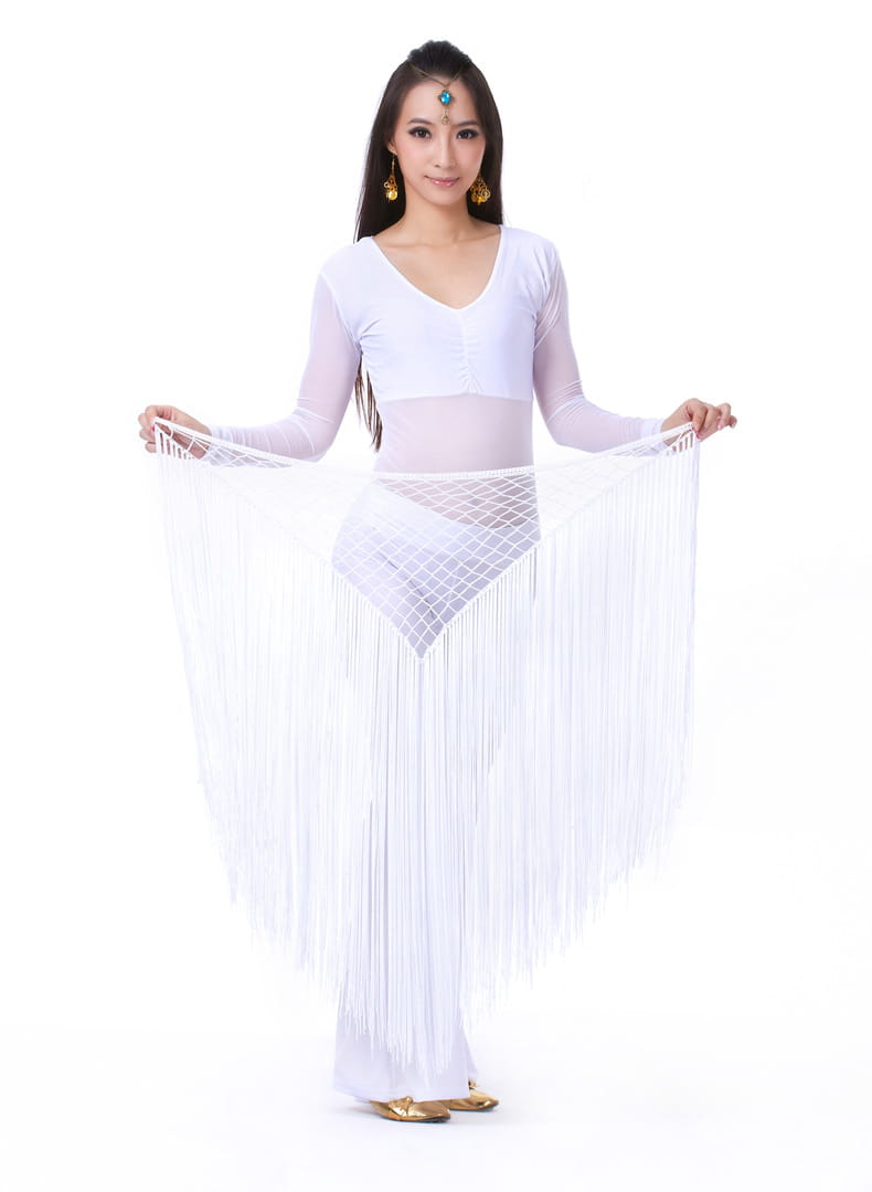 white fringe dance skirt with mesh overlay and long flowing tassels featured in argentina style triangular binder shawl hip scarf