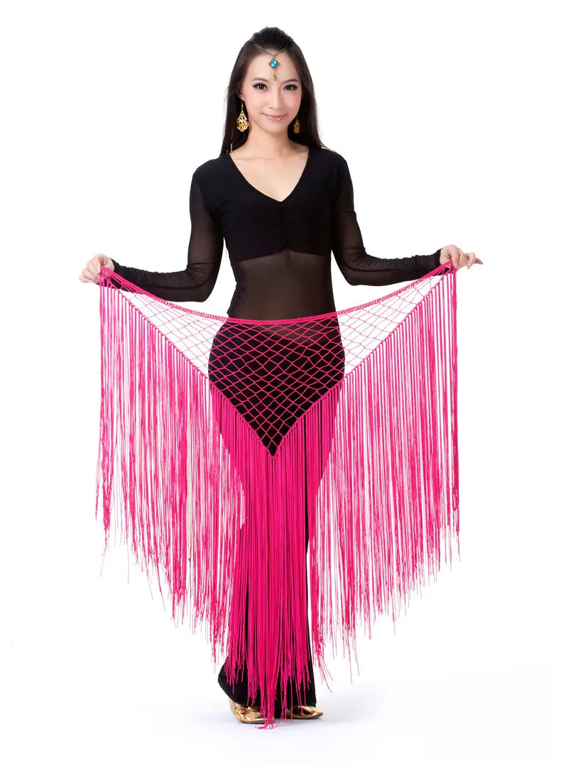 Bright pink argentina style triangular binder shawl with a black mesh panel and white netting trim designed as a fringe dance scarf.