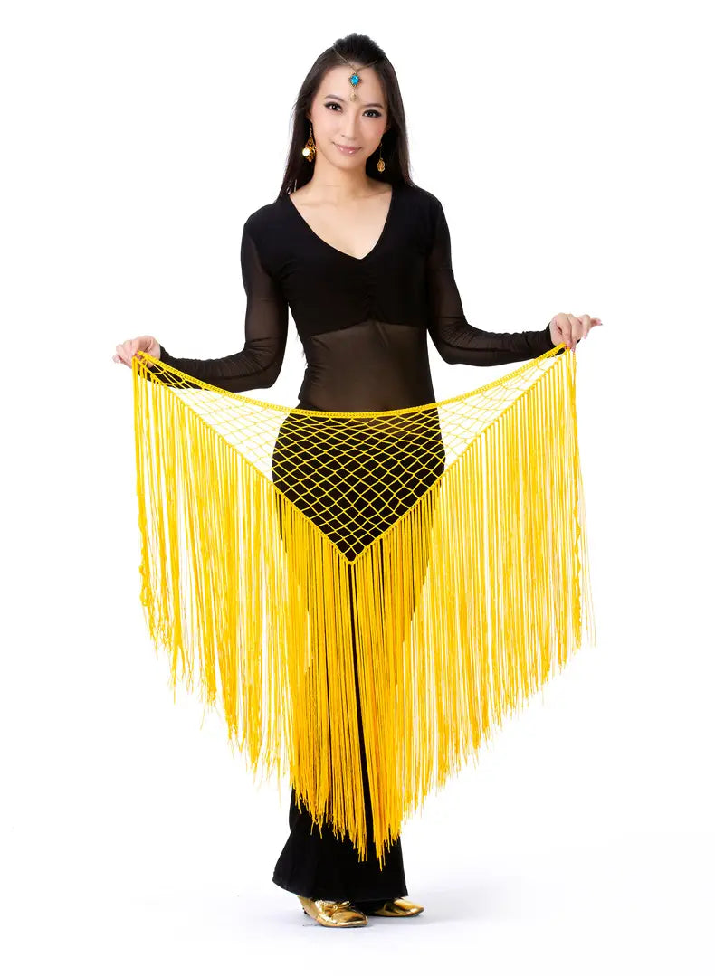 bright yellow argentina style triangular binder shawl featuring a black mesh panel and fringe detailing for dance or hip styling