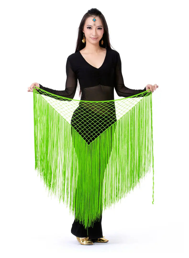 vibrant neon green argentina style triangular binder shawl with fringe detailing mesh panel and adjustable straps for dance and hip scarf use