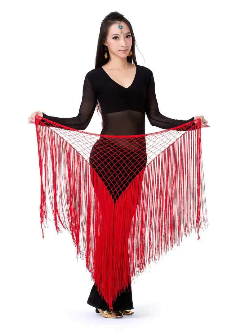 Argentina style triangular binder shawl hip scarf in red with fringe features a black mesh panel and a triangular design.