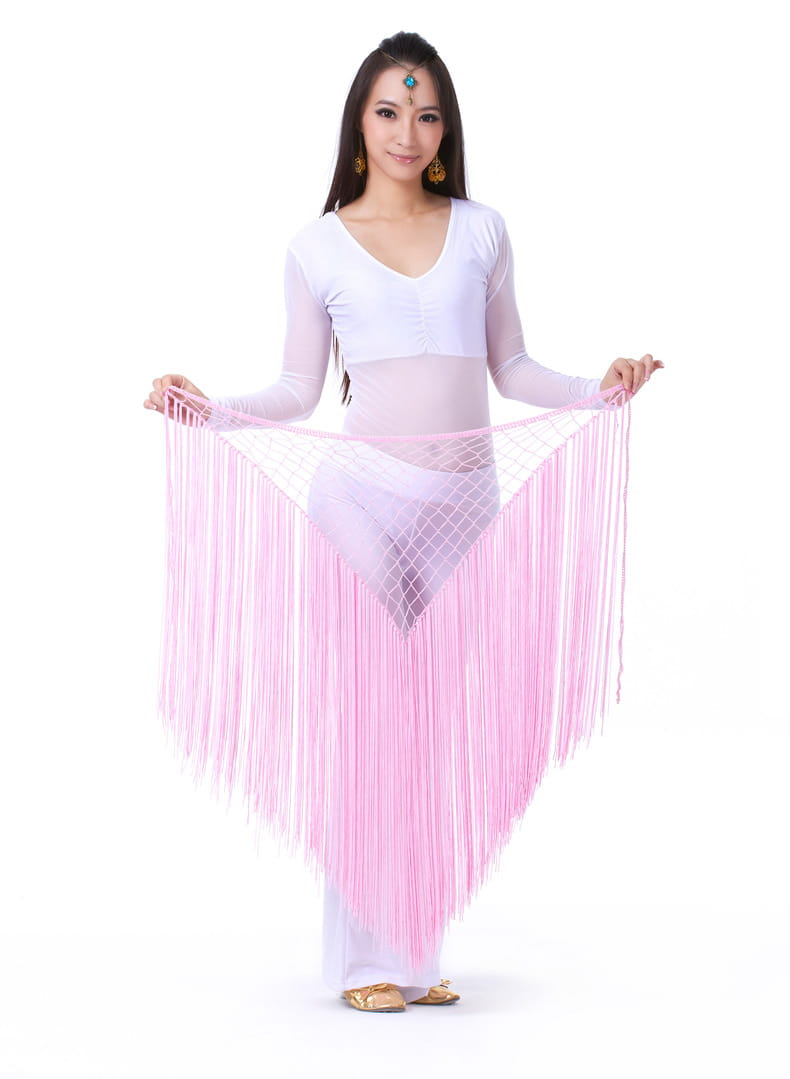 pink fringe dance shawl with mesh top and delicate tassels in argentina style triangular binder shawl hip scarf design.
