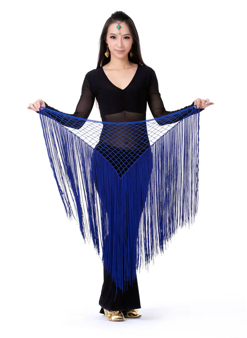 a vibrant royal blue argentina style triangular binder shawl with a mesh panel and long flowing tassels designed as a fringe dance scarf