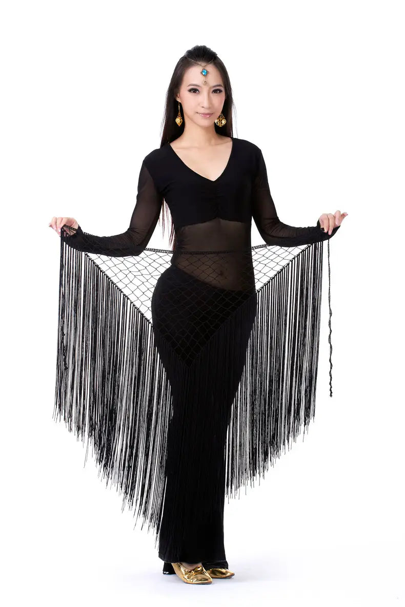 Black fringe argentina style triangular binder shawl hip scarf featuring sheer mesh overlay and gold accents designed for dance costume use.