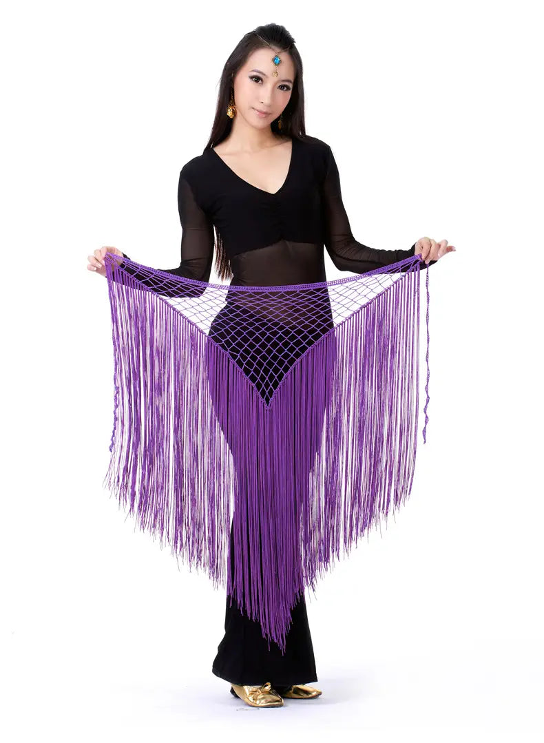 purple fringe dance shawl with mesh top and long flowing tassels featured in argentina style triangular binder shawl hip scarf
