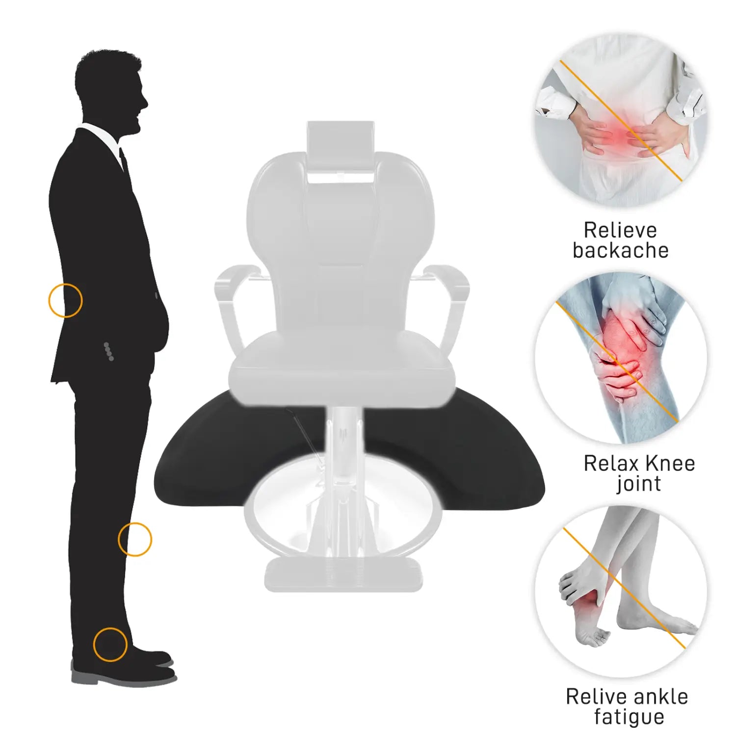 white and black ergonomic massage chair with adjustable armrests and a swivel base placed on a black salon mat featuring the outer circle design