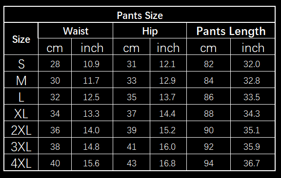 pants size chart in centimeters and inches for sizes s to 4xl of the 3pcs yoga set seamless sport ribbed athleisure designed for yoga and activewear use.