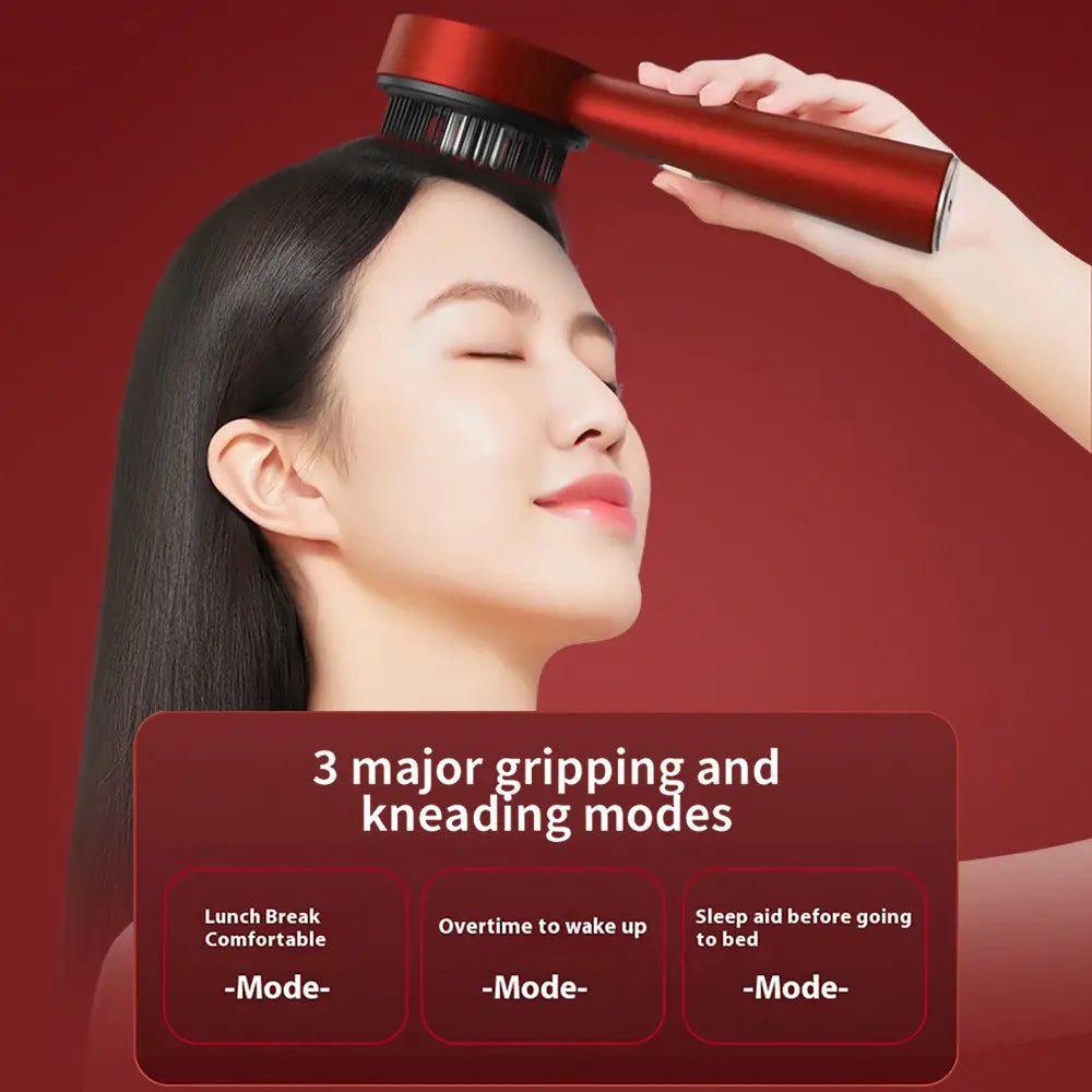 Red handheld massager with a brush head in vibrant red designed for scalp care massage activating hair growth and care massage.