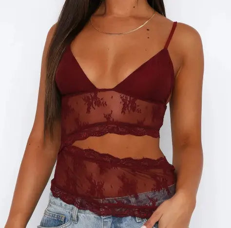 A maroon lace stitched backless small sling v neck tank top featuring thin straps and a sheer floral-patterned design.