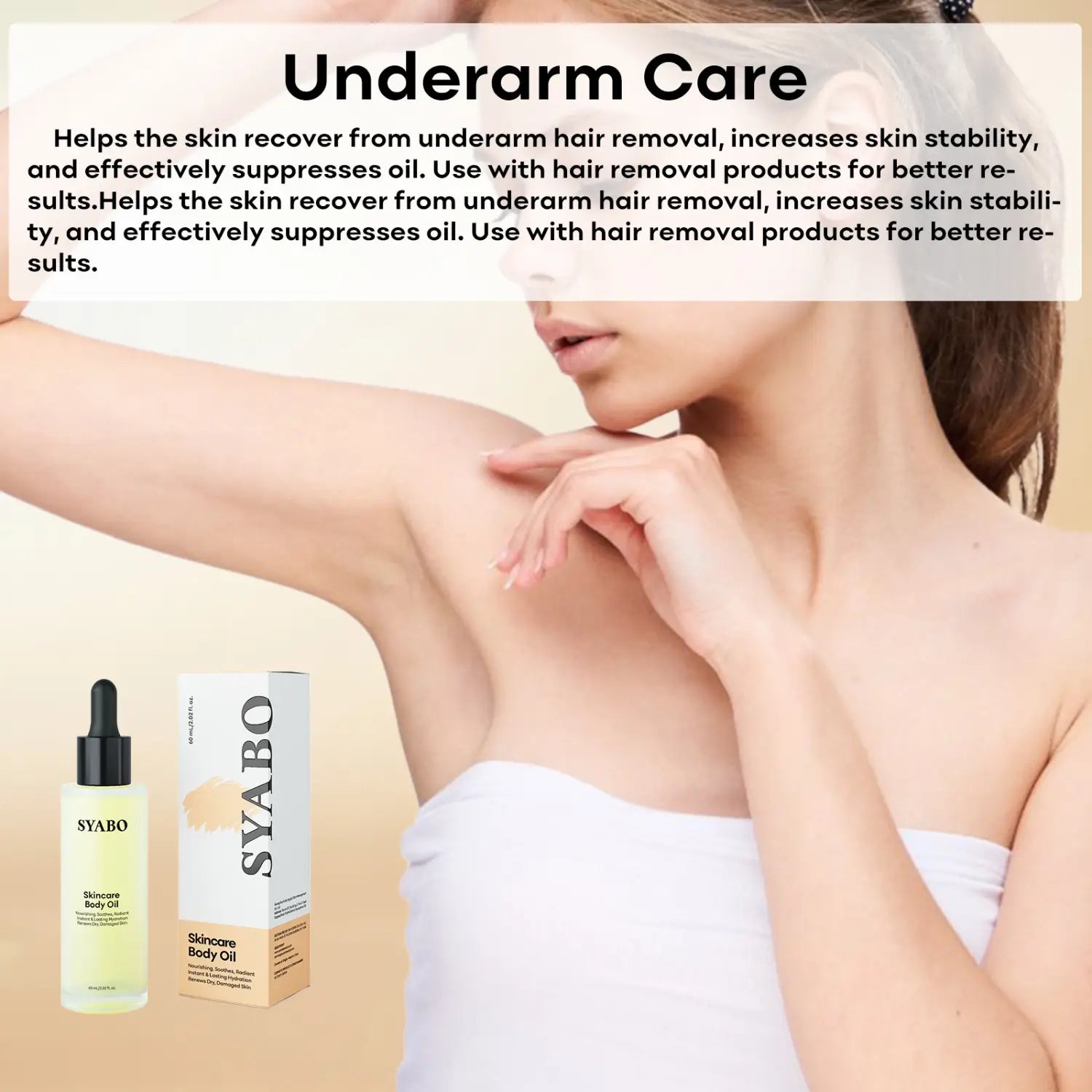 A clear glass bottle with a black dropper cap containing pale yellow body care essential oil labeled syabo next to its matching white and beige box for care essential oils.