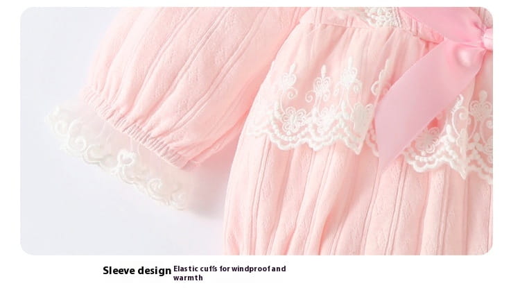 pink ribbed cotton long sleeve newborn clothes jumpsuit with elastic cuffs and delicate white lace trim ideal for autumn use