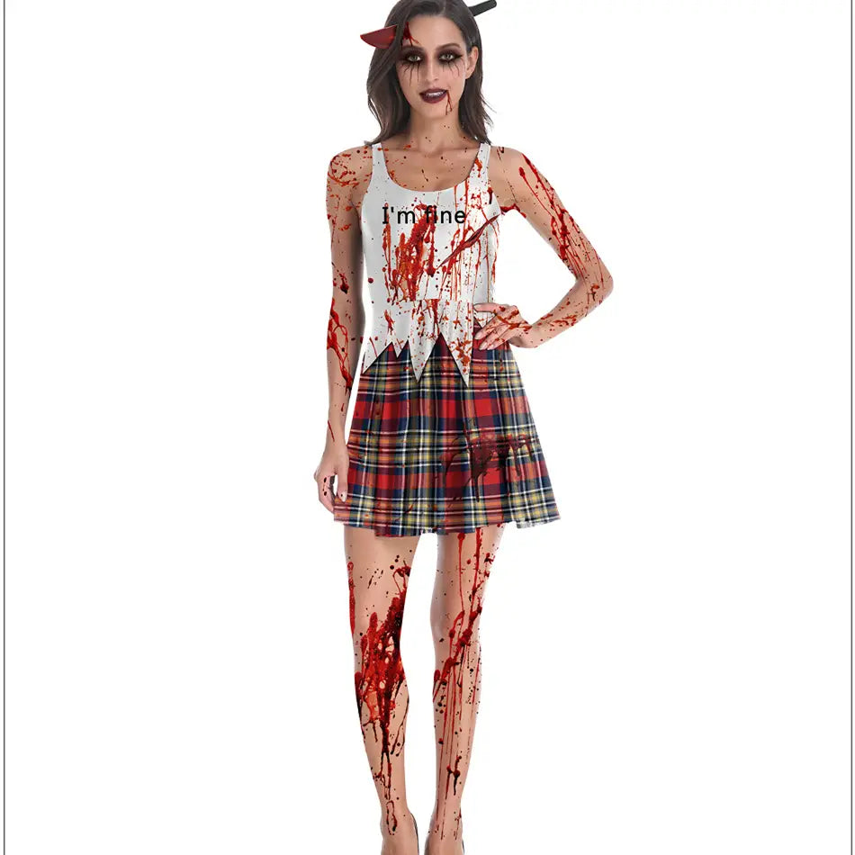 female ghost clothes adult stage plaid skirt set featuring a white tank top with red splatter design and im fine text paired with a plaid skirt