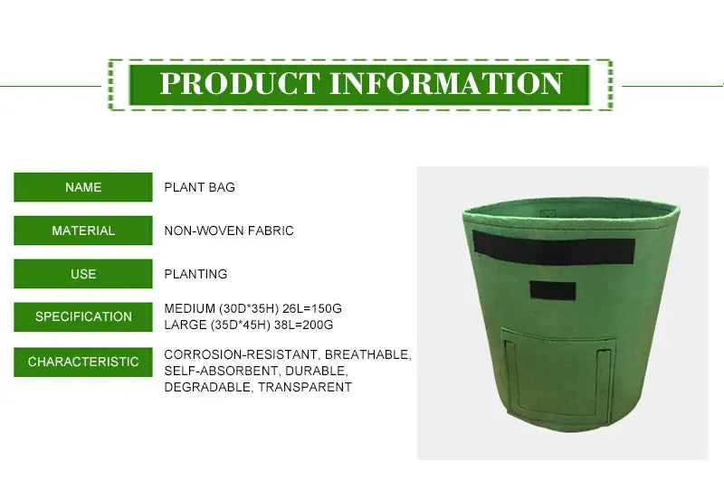 Green breathable potato tomato vegetable plant bag made of non-woven fabric with black rectangular accents and a front pocket for tomato vegetable plant growth.