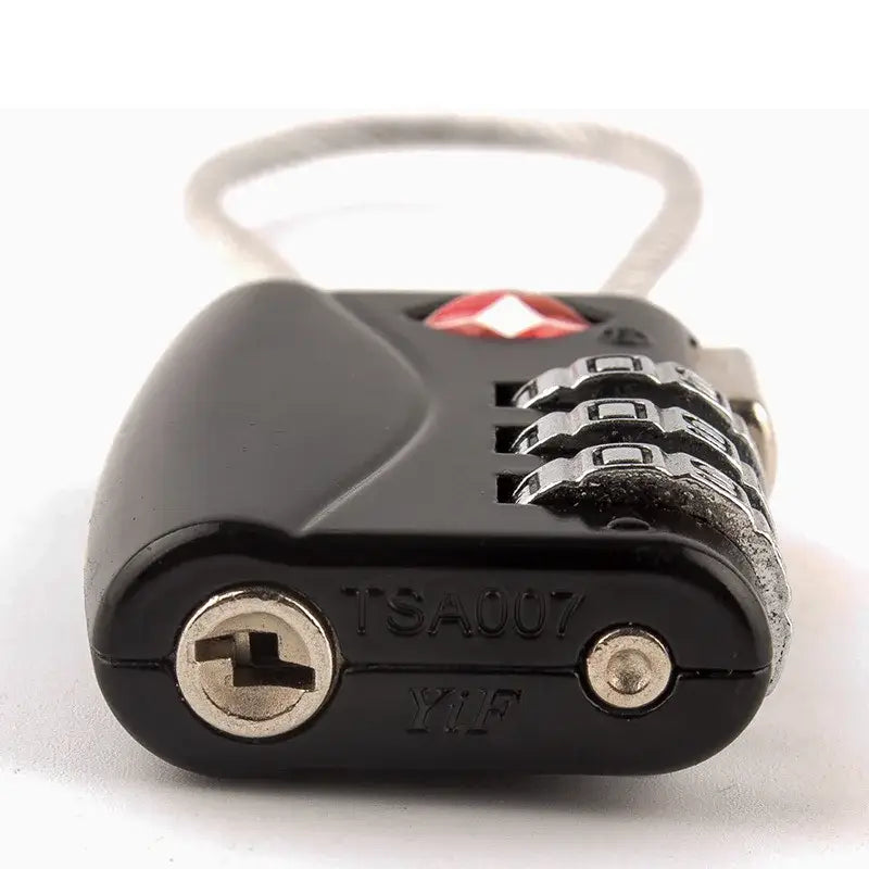 Black tsa approved suitcase travel cable lock with silver toned dials and red diamond logo for secure suitcase travel.