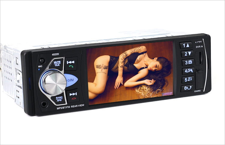 black 1din car mp5 player with large screen bluetooth, silver control knob, and a 4.1 inch large screen touchscreen displaying an image of a tattooed woman.