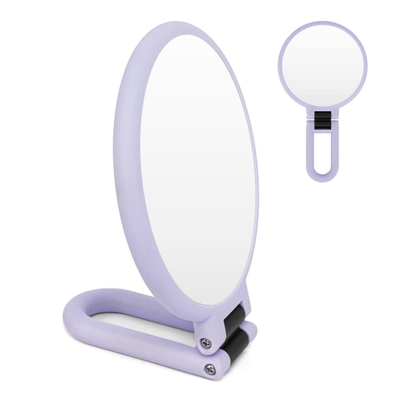 Lavender-colored foldable handle mirror purple featuring a sleek modern design and black hinge accents with 10x magnification.