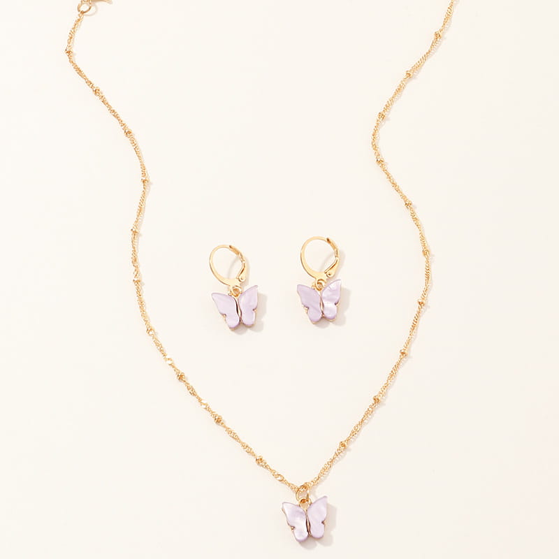 Gold chain resin butterfly necklace with a lavender pendant and matching gold hoop earrings from the creative fashion resin butterfly set.