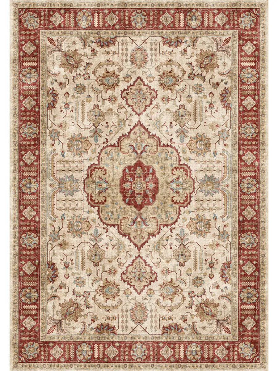 Burgundy ornate short pile area rug featuring intricate floral and geometric patterns in cream, burgundy, and muted blue tones, ideal for adding a touch of luxury womens fashion-inspired elegance to interior spaces.