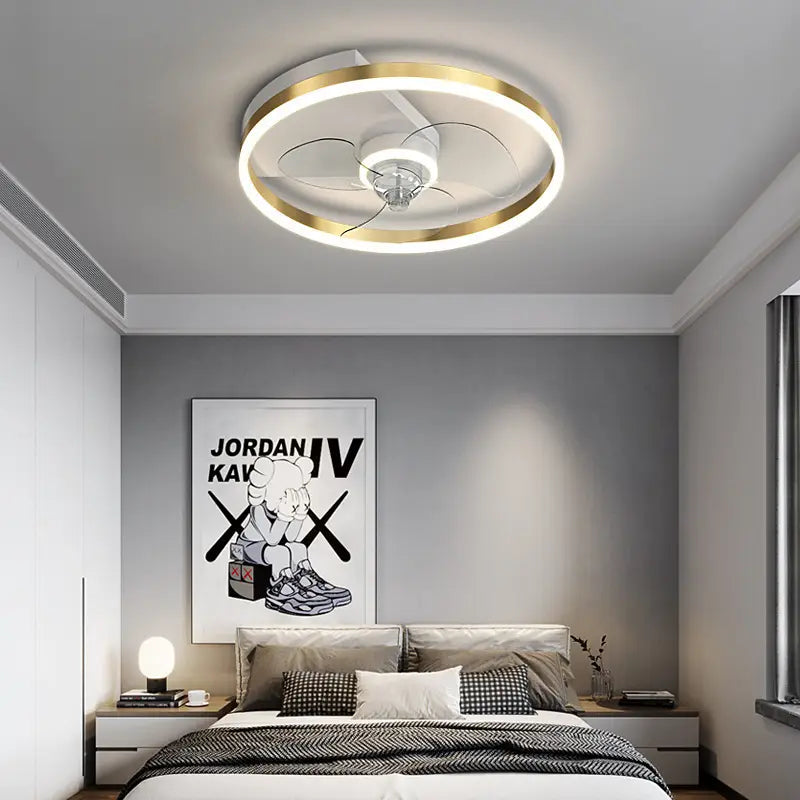 Modern circular ceiling fan lamp with gold trim featuring led lighting designed as a quiet simple modern nordic light.