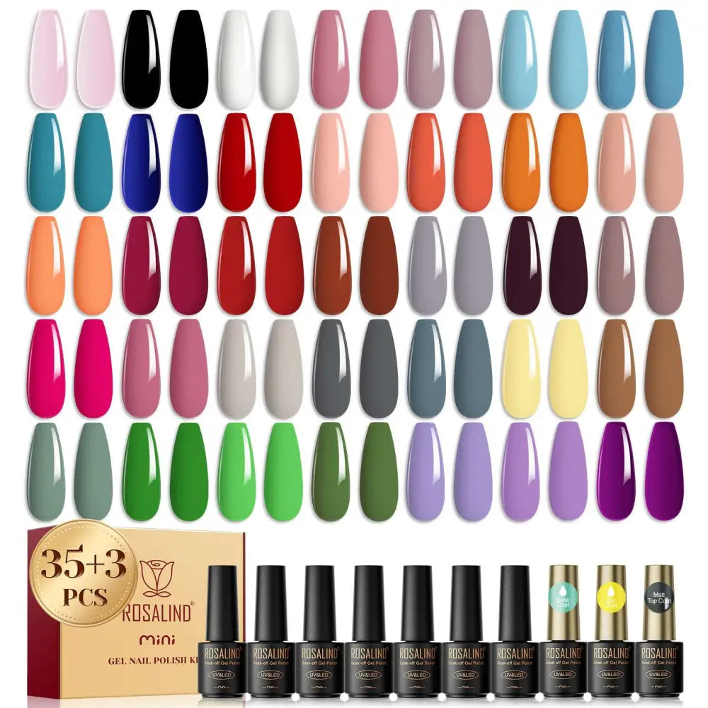 38 piece gel polish set with 35 black rosalind soak-off gel polish colors in sleek bottles with glossy finish