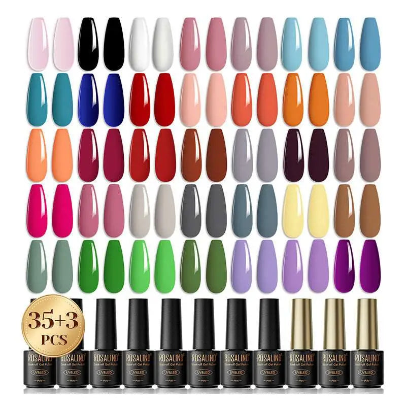 A 38 piece gel polish set from rosalind featuring 35 soak-off gel polish colors with black and glossy finish options