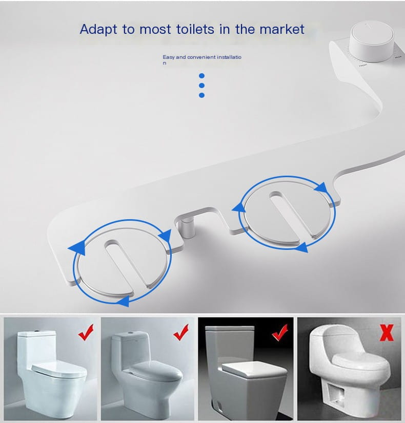 White plastic ultra-thin dual nozzle bidet toilet cleanser with adjustable mounting brackets fitting various toilet models shown in toilet cleanser image.