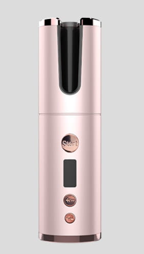 Pink metallic wireless rechargeable curling iron electric with black inner barrel and circular control buttons featuring a digital display.