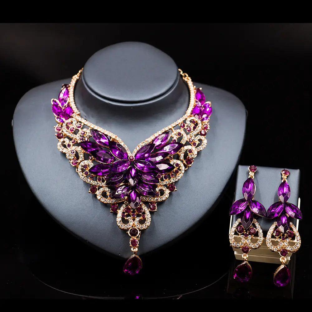 Purple and gold floral-themed american color exaggerated bride jewelry set featuring a statement necklace with cascading crystals and matching drop earrings for a speed selling explosion.