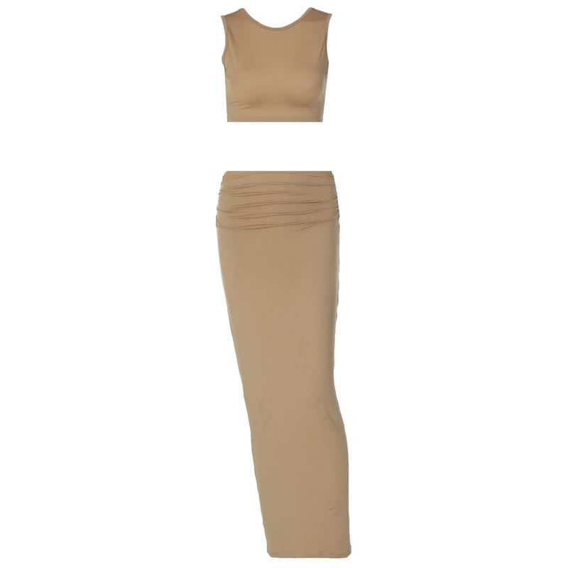 Tan solid color women tank tops long two-piece set featuring a sleeveless crop top and high-waisted skirt with ruched detailing.