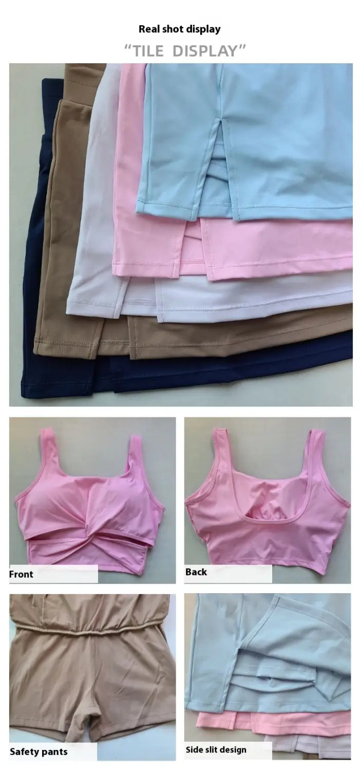 pink yoga clothes sports suit featuring a front twist pink bra and matching side slit pants skirt designed for comfort and flexibility