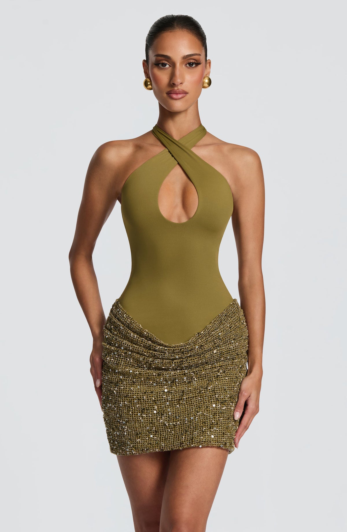 Women's Cross Halter Sequin Ruched Bodycon Mini Dress for Prom and Homecoming