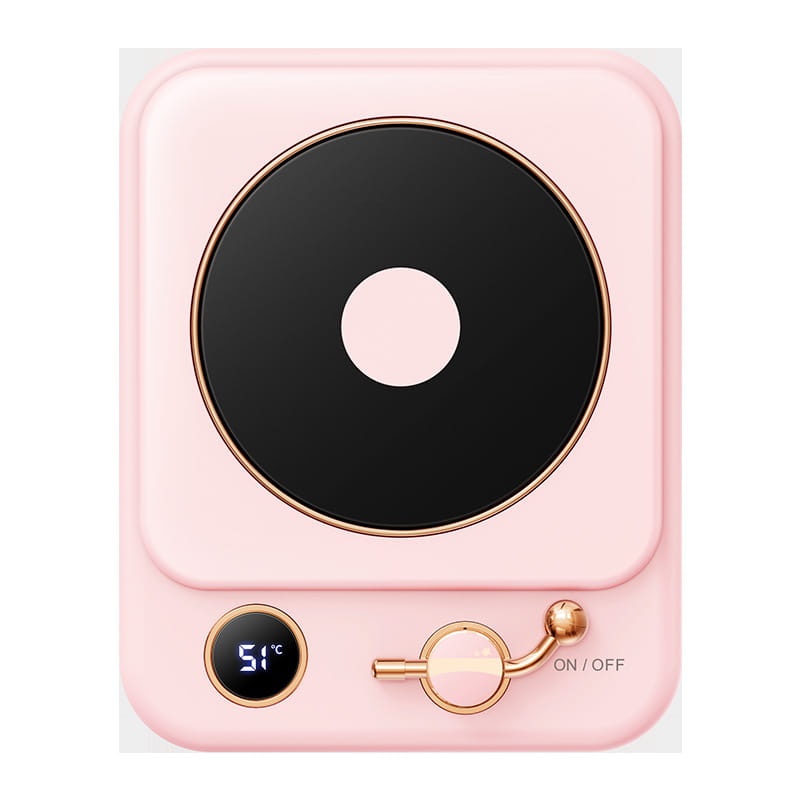 pink rectangular electric hot plate with black circular heating surface and gold trim featuring digital temperature display and gold on off toggle switch as a milk heating insulation base desktop digital display heating insulation base
