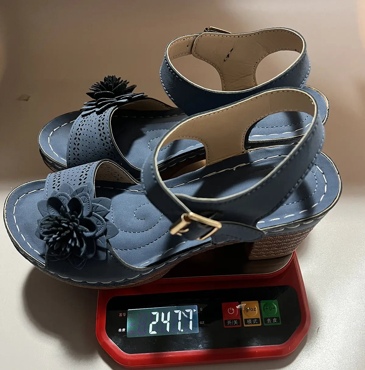 dark blue floral chunky heel sandals with woven heel and gold-tone buckle suitable for heel sandals summer.