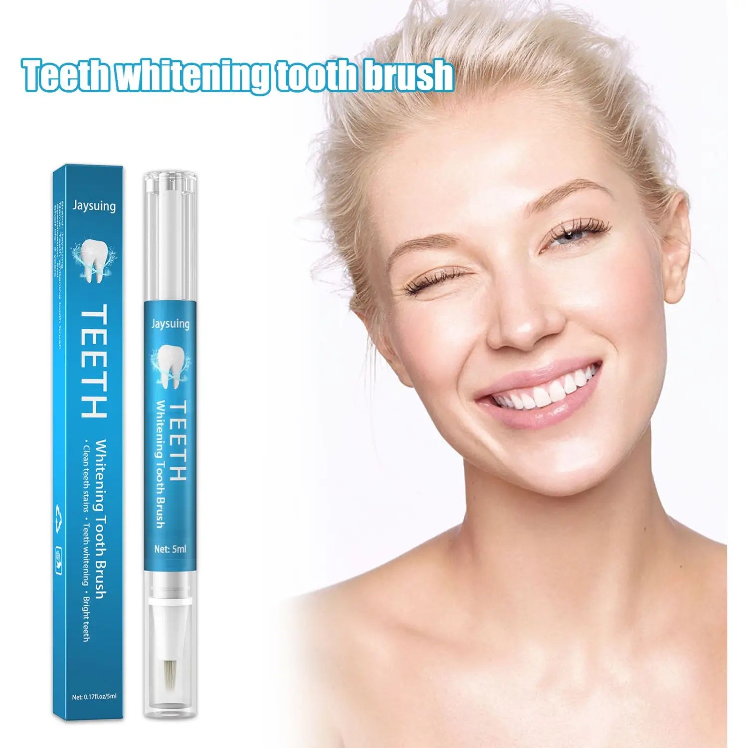 blue jaysuing teeth whitening pen with white bristles and transparent cap designed for stained teeth and plaque removal