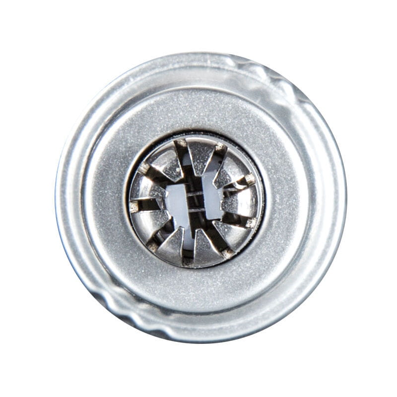 silver metallic screw with a textured outer ring and central cross-shaped slot for electric nose hair trimmer designed for men and women