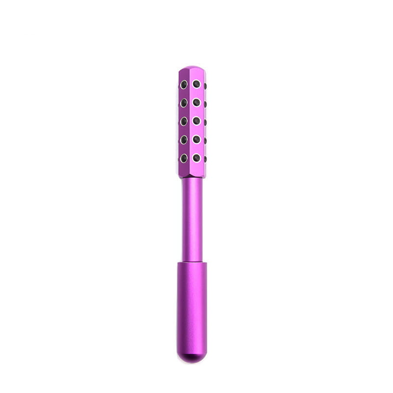 Purple metallic germanium beauty roller massage stick with hexagonal head featuring multiple black circular indentations for facial massage.